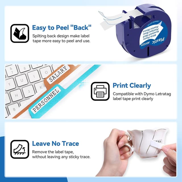 Detalle 2 de MarkField 18er Pack kompatible Dymo LetraTag Etikettenband 12 mm x 4 m (Schwarz auf Weiß)