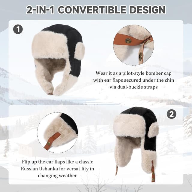 Detalle de LY4U Winter Trapper Hat with Thick Faux Fur Ear Flaps & Adjustable Chin Strap (Unisex Ushanka/Pilot Style)