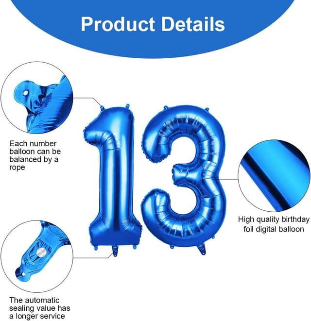 Detalle de OFFCUP Blue Number 13 Foil Balloons (40 inch) – Self-Inflating 13th Birthday Decorations