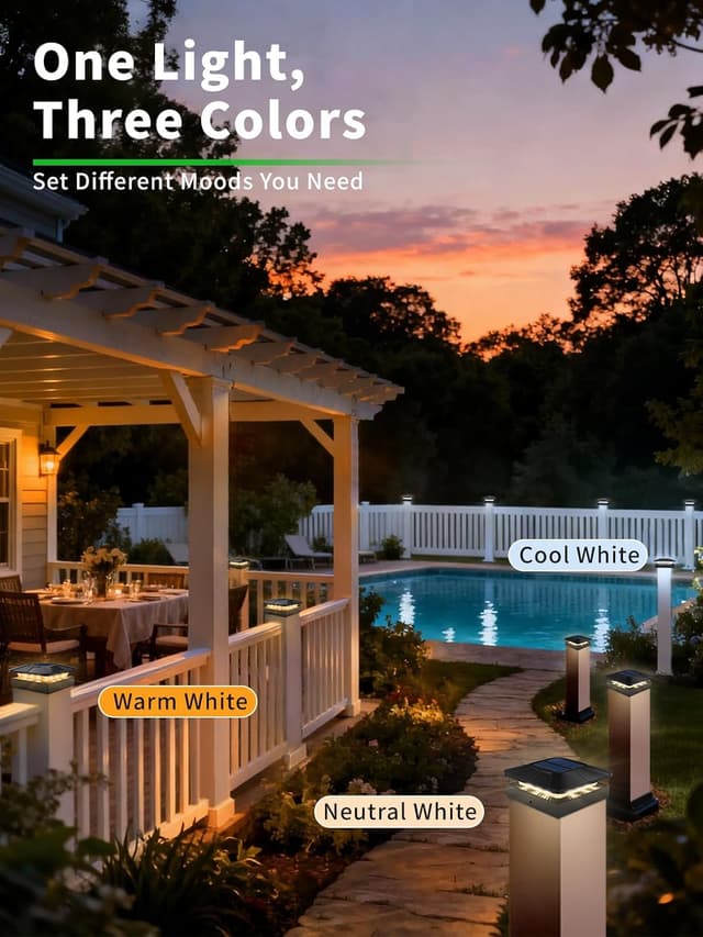 Detalle 2 de ROMANJOY 4x4 Solar Post Lights (4 Pack) with 3 Colour Modes, 2 Brightness Levels, Waterproof