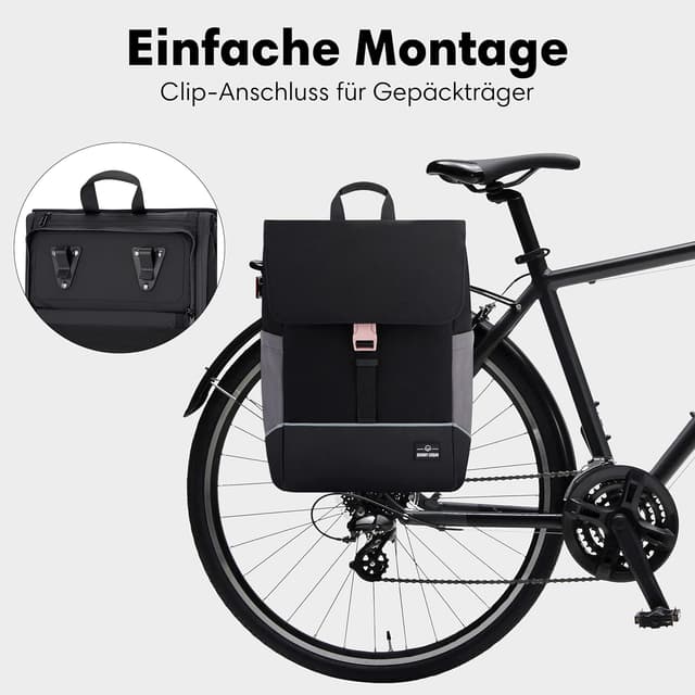 Detalle de Johnny Urban Mika Bike 2-in-1 Fahrradtasche & Rucksack für Gepäckträger (wasserabweisend) in Schwarz/Rosa