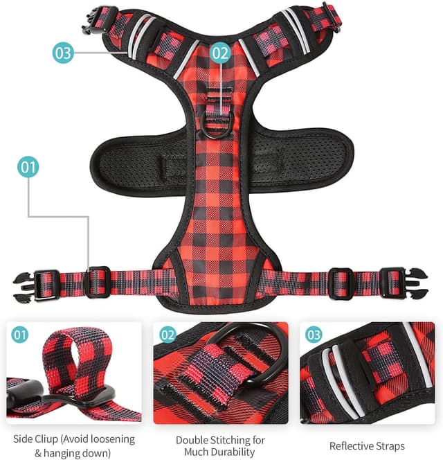 Detalle de HEELE Dog Harness No-Pull (Release on Neck) with Reflective Stripes & 2 Leash Attachments – XL