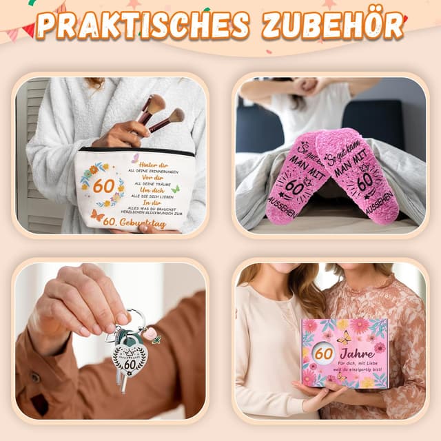 Detalle 2 de WAMIOKAGRO Geschenk-Set zum 60. Geburtstag für Frauen: Kosmetiktasche, Socken & Schlüsselanhänger
