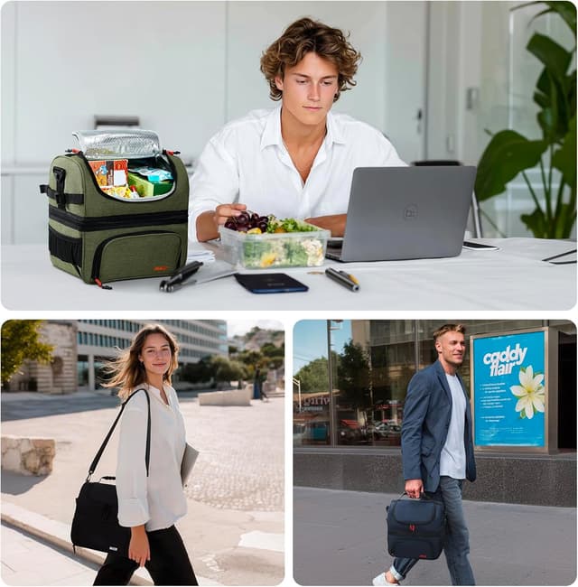 Detalle de MIER Dual Compartment Lunch Bag Tote (Army Green) — Insulated, Leakproof Cooler Tote