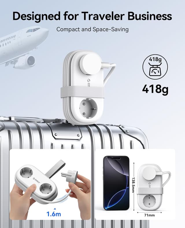 Detalle 2 de ORICO AP3 Bianco GaN 65W: presa da viaggio multipla 6-in-1 con USB-C 65W e cavo retrattile 1,6 m