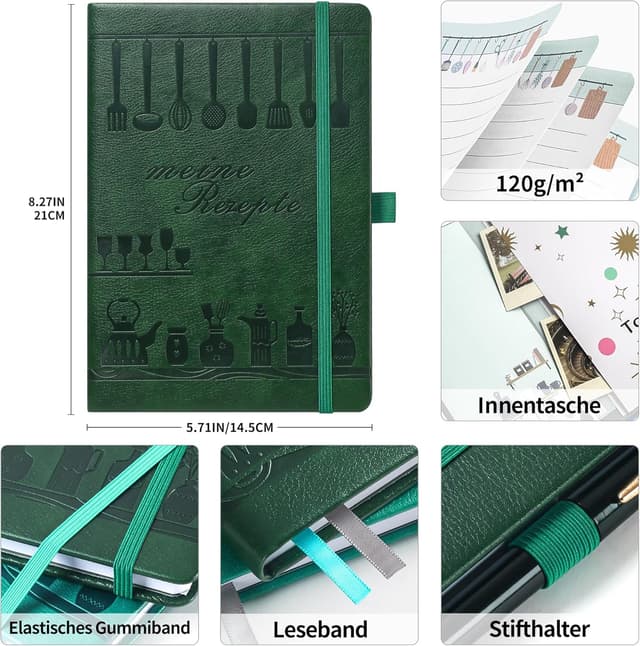 Detalle 2 de Rezeptbuch A5 zum Selberschreiben – Notizbuch für Lieblingsrezepte mit Inhaltsverzeichnis & Register, Grün