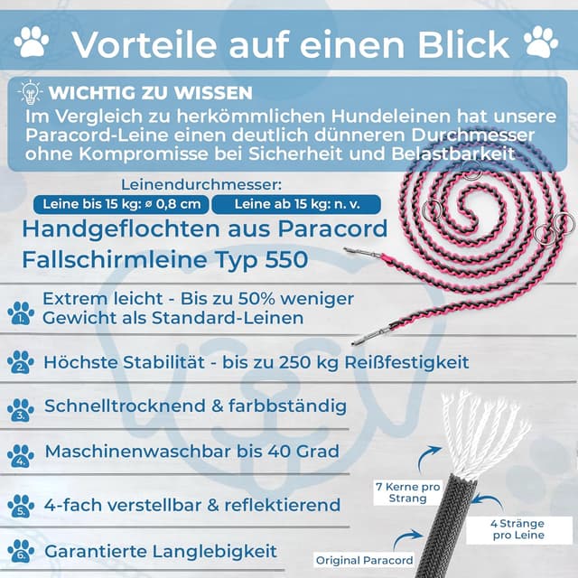Detalle 2 de Testnote Sehr gut – reflektierende Hundeleine aus Paracord, 2 m, verstellbar, wetterfest & reißfest bis 250 kg