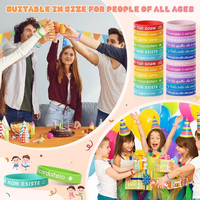 Detalle de Confezione da 24 braccialetti bambini in silicone con frasi motivazionali e amicizia (Tccydm 24)