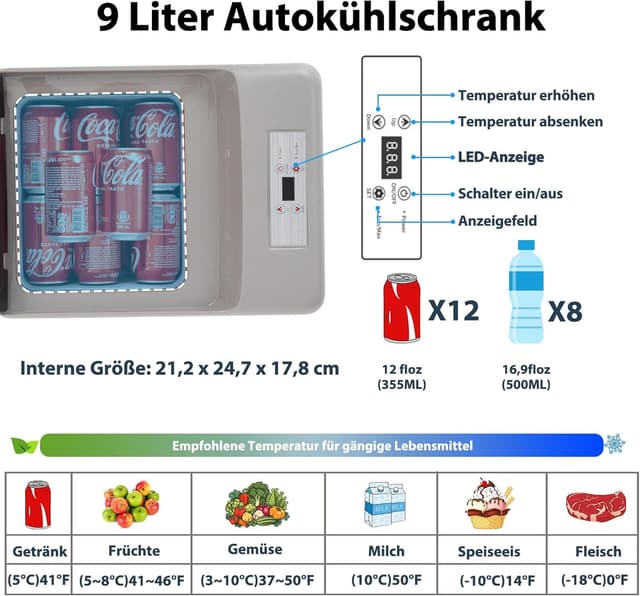 Detalle de Alpicool C9PT 9L 12V Kühlbox mit Kompressor für Auto & Camping (schwarz)