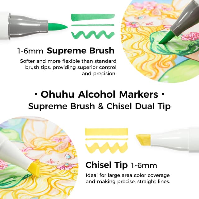 Detalle de Ohuhu Alcohol Markers Supreme Brush & Chisel (Honolulu Plus) – 24 colours + 1 blender, refillable dual-tip pens