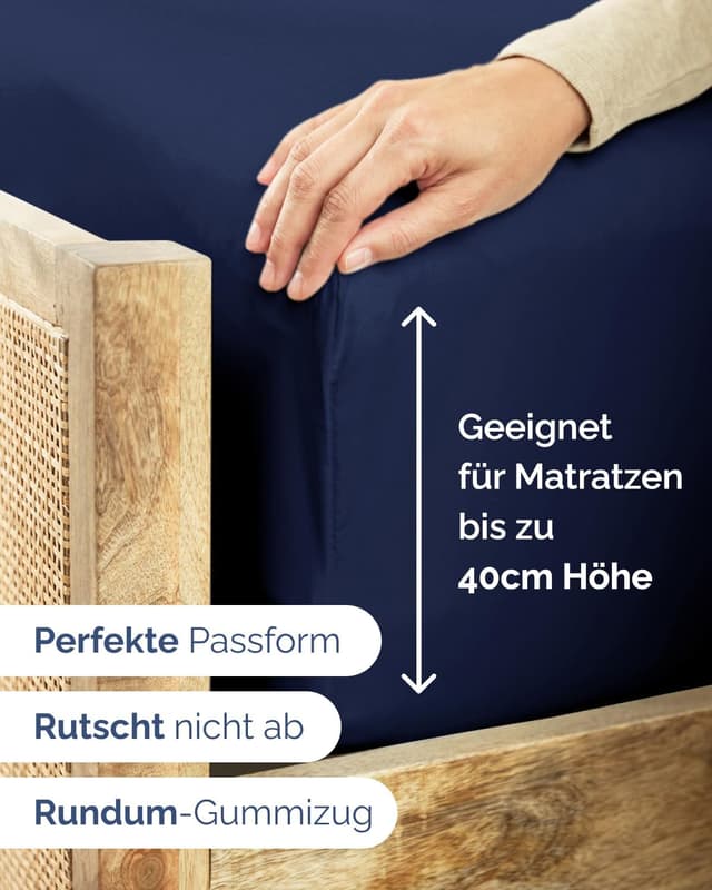 Detalle de Spannbettlaken 200x200 cm Marineblau – extra tief bis 40 cm, Mikrofaser, knitterfrei & Oeko-TEX