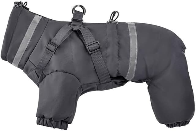 Detalle de BT Bear Dog Winter Coat Jacket Outdoor (Grey) – Adjustable 4 Legs Waterproof Dog Jumpsuit with Harness & Reflective Strips