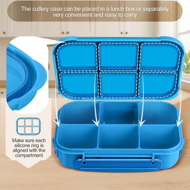 Detalle 2 de Amathley Kinder-Brotdose mit Fächern (1200 ml) – Bento Box Blau mit 6 Fächern, Soßenbehälter & Cartoon-Set