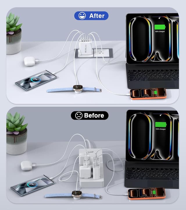 Detalle de Qwinjwin 2-Pack 50W 5-Port USB Wall Charger (2 USB-A + 3 USB-C, White)