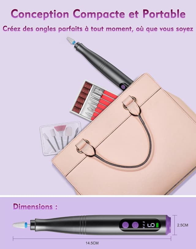 Detalle de Fofile ponceuse électrique pour ongles 12 en 1 sans fil, 9 vitesses (jusqu’à 20 000 tr/min) avec écran LED