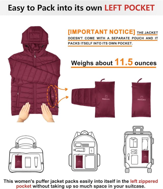 Detalle de Outdoor Ventures Damen Steppjacke – leichte, packbare Übergangsjacke mit Kapuze