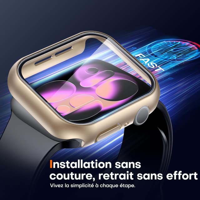 Detalle de Coque TAURI 2 pièces pour Apple Watch Series 11/10 – 42 mm (champagne + transparent) avec verre trempé 9H