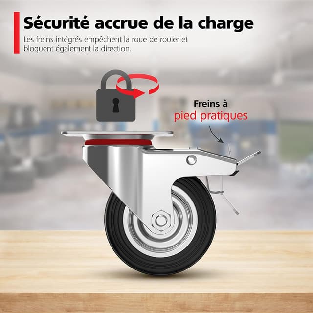 Detalle de RAVN HAMAN Set de 4 roulettes pivotantes pivotantes 75 mm avec frein, charge jusqu’à 50 kg par roue