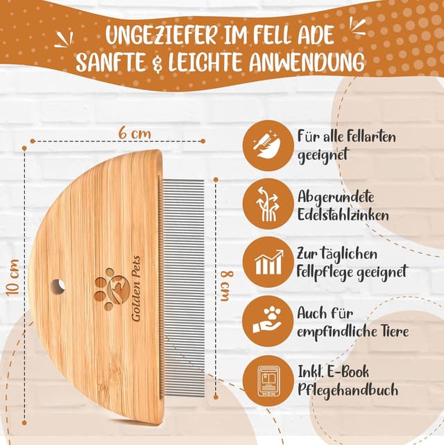 Detalle 2 de Golden Pets Bambus Flohkamm – Läuse-, Floh- und Nissenkamm aus Edelstahl für Hund & Katze