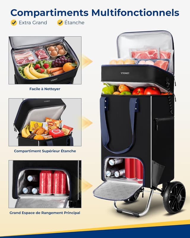 Detalle de Ytonet Chariot de courses pliable 55 L avec roulettes, sac isotherme et poche anti-vol (jusqu’à 68 kg), noir