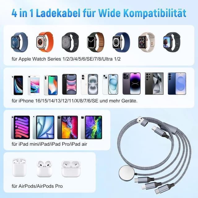 Detalle 2 de Multi 4‑in‑1 Ladekabel 1,2 m für iPhone, iPad, AirPods, Watch