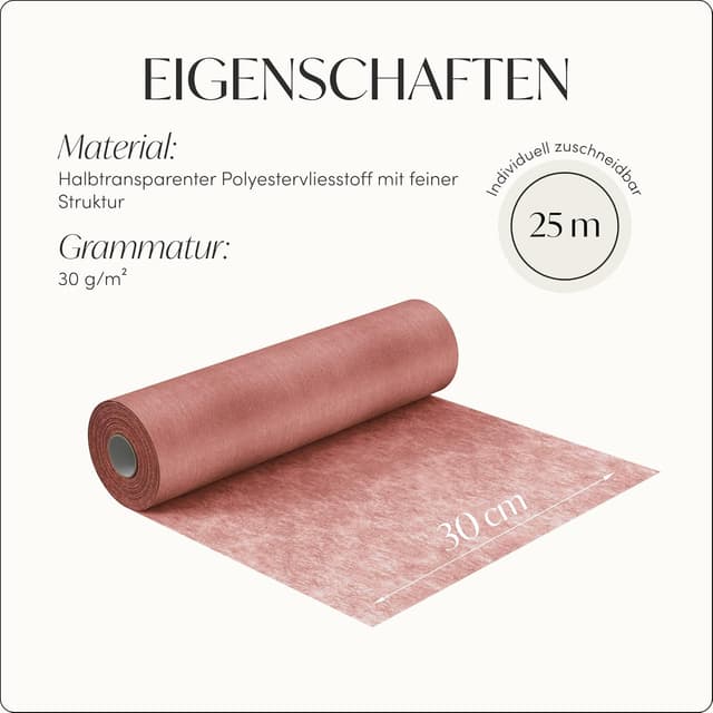Detalle de 100%Mosel Vlies Tischläufer in Altrosa / Dusky Pink (30 cm x 25 m) – dekoratives Tischband für Feste