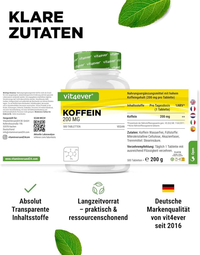 Thumbnail 5 de Vit4ever Koffein-Tabletten 200 mg, 500 Tabletten – vegan, ohne unerwünschte Zusätze
