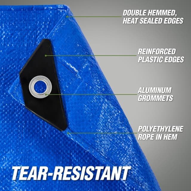 Detalle de RUGGED RHINO Heavy Duty Waterproof Tarp (10x10 ft, 5 Mil, Blue) with Reinforced Grommets & Corners