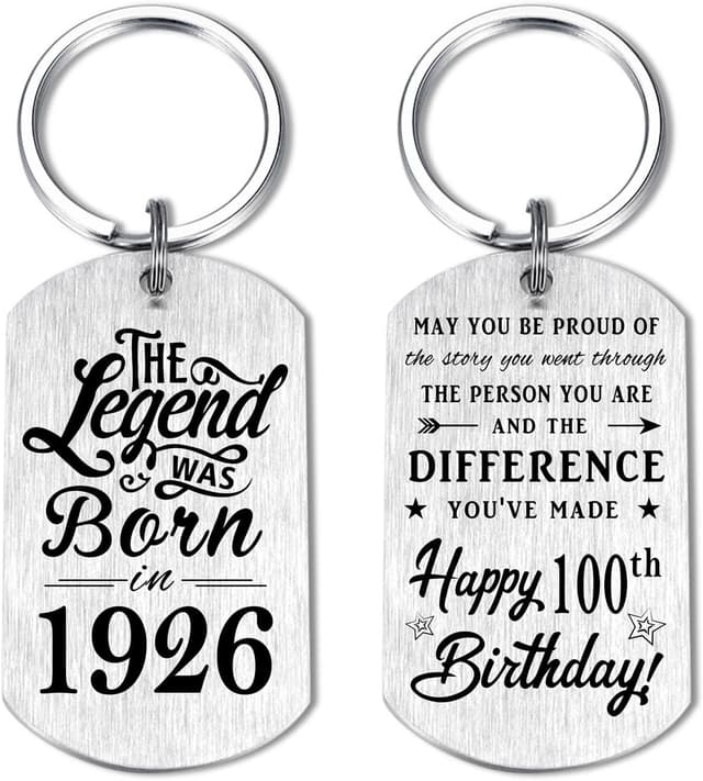 Detalle de Yobent 100th Birthday Keyring (1926) – engraved centenary gift for men