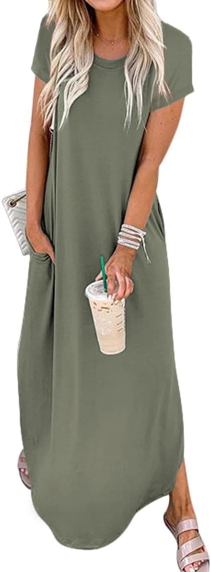 Detalle de Jeqeocafy Women’s Summer Long Sundress Crewneck Short Sleeve Maxi Dress with Pockets