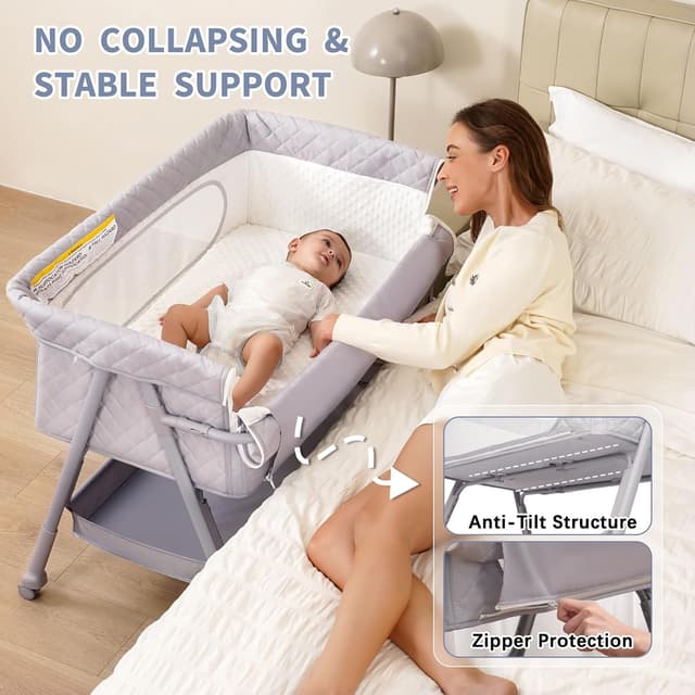 Detalle de Kiniew Bassinet Bedside Sleeper (Adjustable Height, Folding, Mesh) — Grey