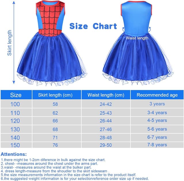 Detalle de Aomig Costume Supereroe Bambina: vestito Spider con maschere per Halloween, Carnevale e feste (Blu) 130CM