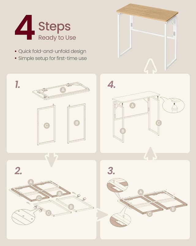 Thumbnail 6 de VASAGLE LWD151YD01 folding desk – foldable computer desk with one-piece desktop, rounded edges (80 x 40 cm)
