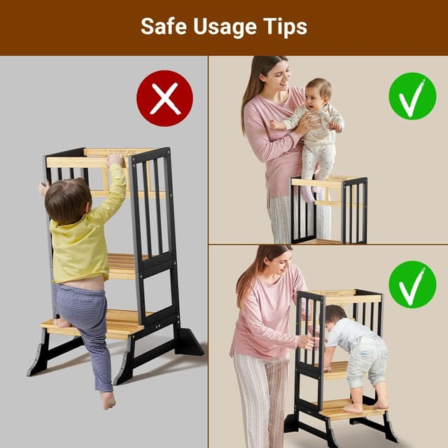 Detalle 1 de COSYLAND Adjustable Height Kitchen Tower for Toddlers – solid bamboo standing step stool (natural & black)