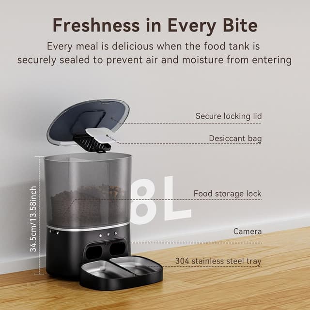 Thumbnail 6 de 8L Smart Pet Feeder with Camera (1080p HD, Night Vision, 2-Way Audio) – 5GHz WiFi App Control