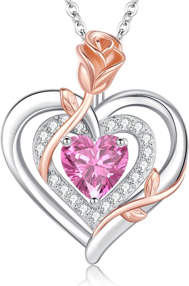 Detalle de LAVUMO collier femme en argent sterling 925 et laiton, pendentif double cœur & fleur de rose