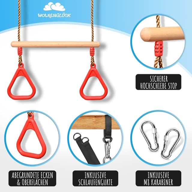 Detalle de WOLKENGLÜCK Trapez Schaukel für Kinder (2-in-1) mit Holztrapez und 2 Turnringen – höhenverstellbar 120 bis 150 cm, bis 150 kg