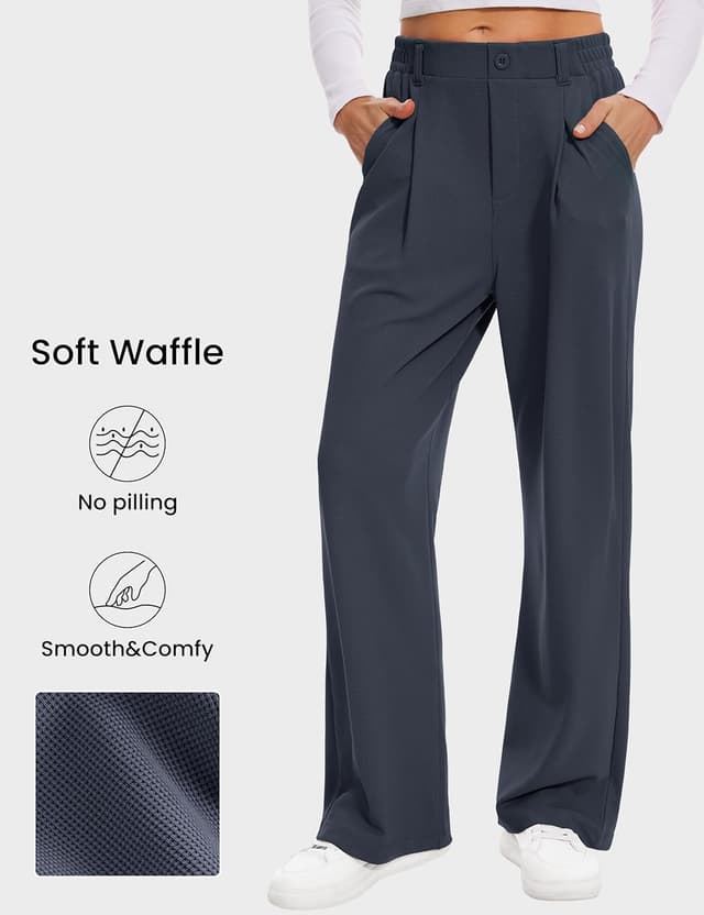 Detalle de Desol Waffel-Long-Palazzo-Hose für Damen mit Taschen – Sommerhose mit weitem Bein
