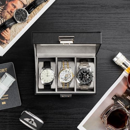 Detalle de ProCase caja para 3 relojes con tapa de cristal y cojín extraíble (negro)