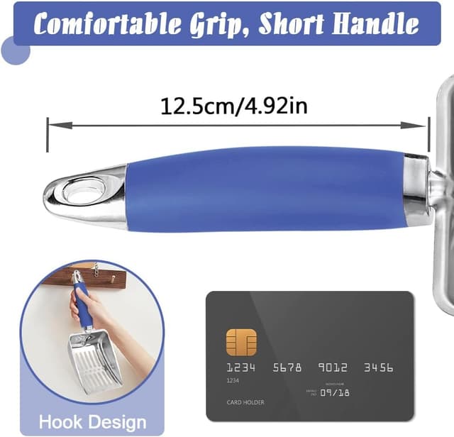 Detalle de Edelstahl-Katzenstreu-Schaufel (Edelstahl, Gitter) in Dunkelblau – kompakte Metall-Schaufel fürs Katzenklo