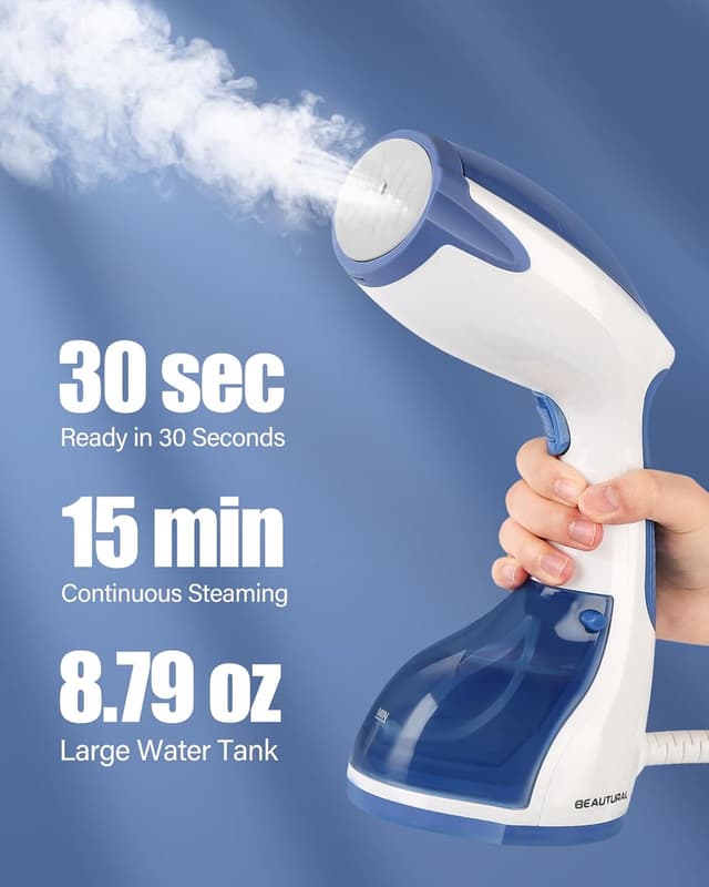 Detalle 2 de BEAUTURAL Portable Handheld Clothes Steamer (1200W) with 30-second heat-up and detachable water tank