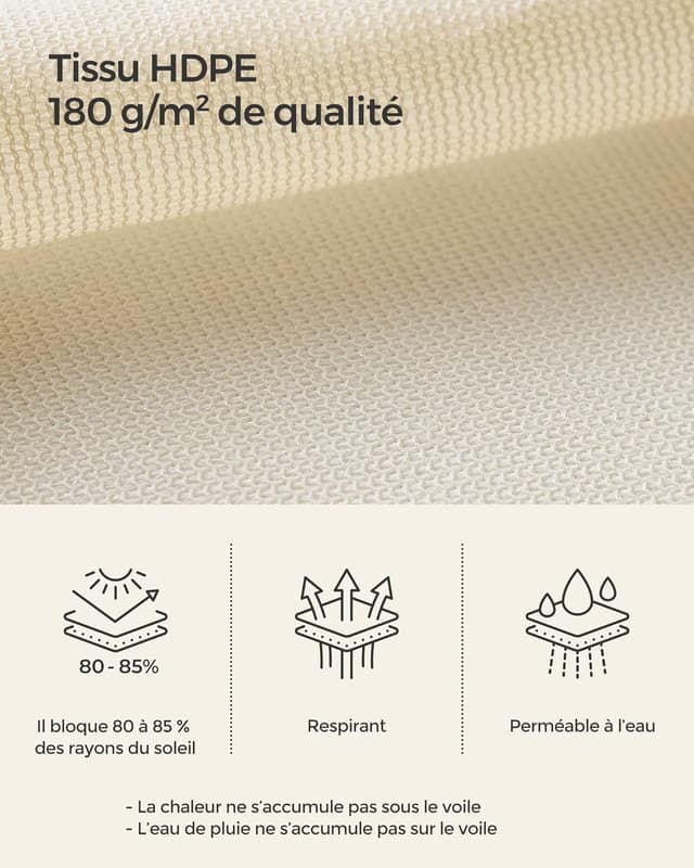 Detalle de Songmics Voile d’Ombrage 5 x 5 m en HDPE respirant et perméable à l’eau, beige