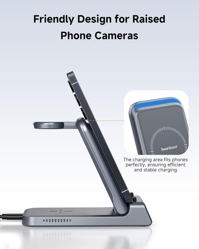 Detalle de SwanScout 703S caricatore wireless 3 in 1 per Samsung (S26 Ultra/S26+/S25 e Galaxy Watch 8/7/6/5/4 e Galaxy Buds) senza adattatore