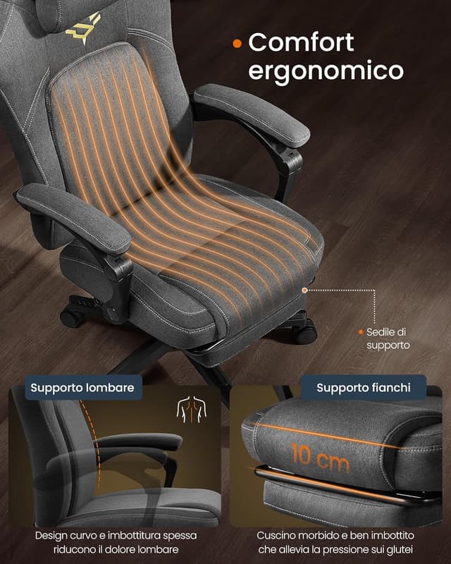 Detalle de SONGMICS HOME Sedia da gaming ergonomica OBG072G01 grigio tortora con poggiapiedi e poggiatesta