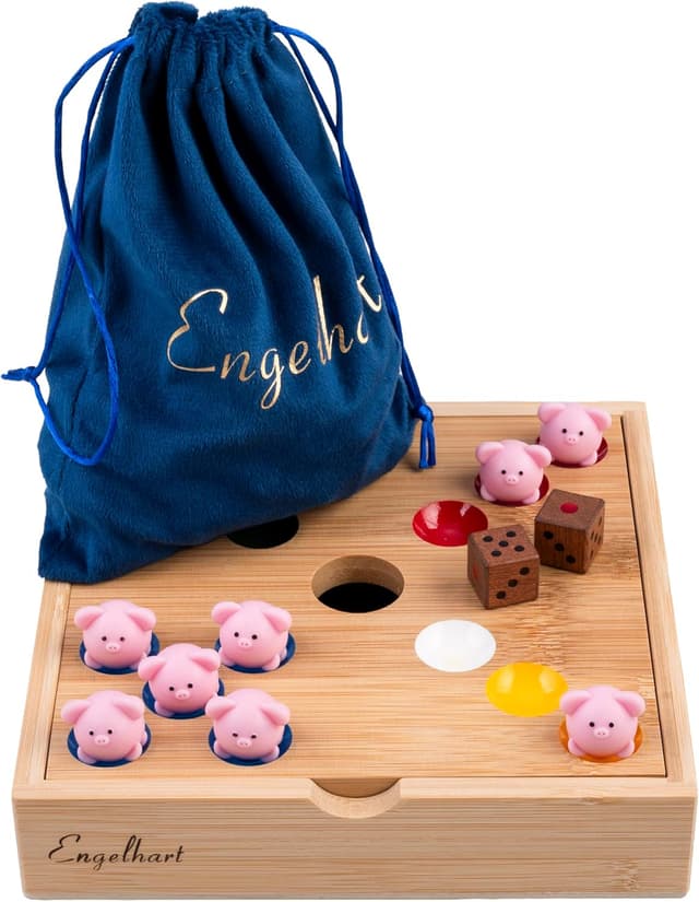 Detalle 2 de Engelhart Ferkelrennen Würfelspiel – lustiges Schweine-Gesellschaftsspiel mit 60 Silikon-Schweinchen