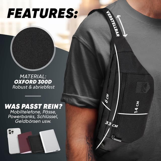 Detalle 2 de RUVO® Bauchtasche für Herren und Damen – wasserabweisende Hüfttasche mit 4 Reißverschluss-Fächern