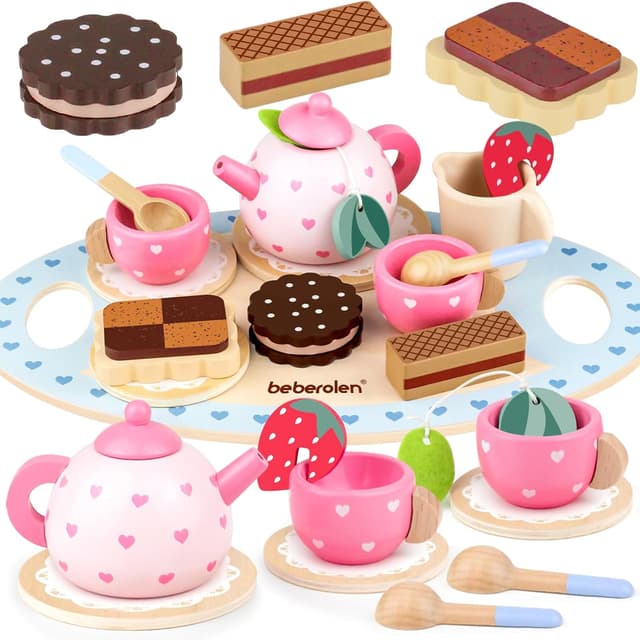 Detalle de Beberolen Wooden Tea Set for Toddlers (pretend afternoon tea play set) with biscuits and teapot