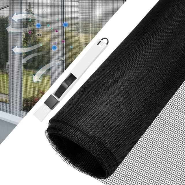 Detalle de BUZIFU Fliegengitter Meterware (Fiberglas), 120 x 250 cm, Schwarz mit Fensterputzbürste – Insektenschutz für Fenster und Türen