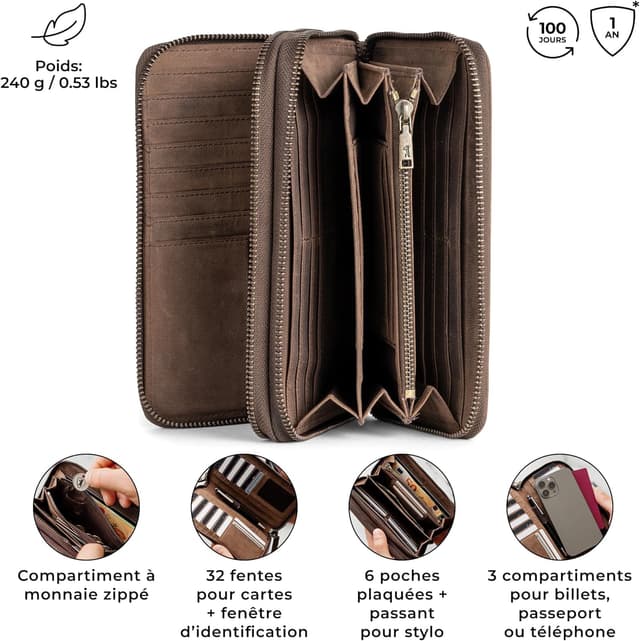 Detalle de Berliner Bags Dallas Grand Portefeuille en cuir véritable avec protection RFID – marron