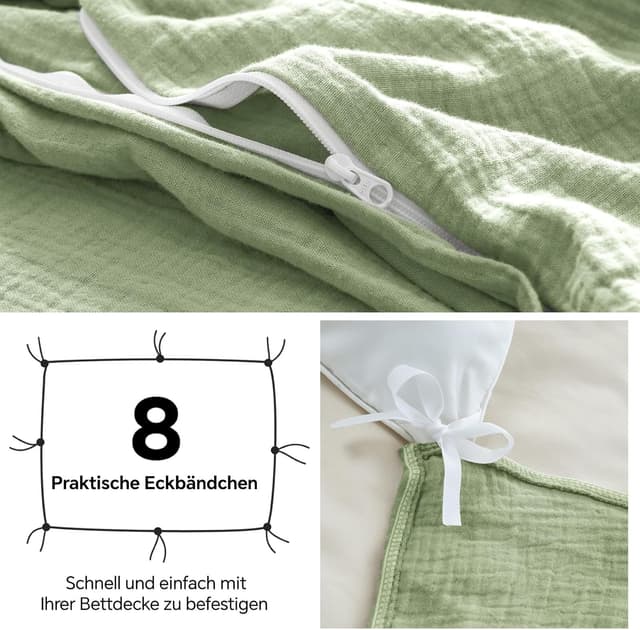 Detalle 2 de BEDELITE Musselin-Bettwäsche 135x200 aus Baumwolle (2-teilig, Reißverschluss) in Hellgrün